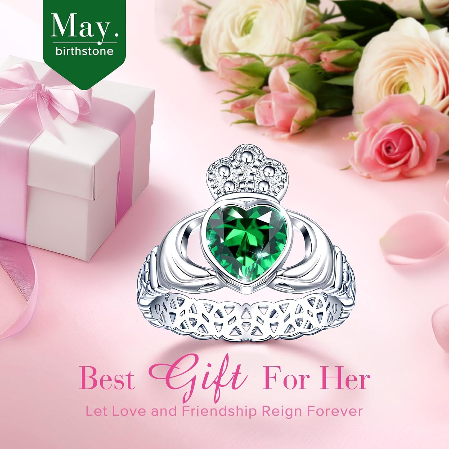 Claddagh Heart Birthstone Rings for Women 925 Sterling Silver Rings for Her Celtic Knot Statement Engagement Wedding Ring Band Irish Jewelry Birthday Gifts Fit Size 5-9 - Image 4