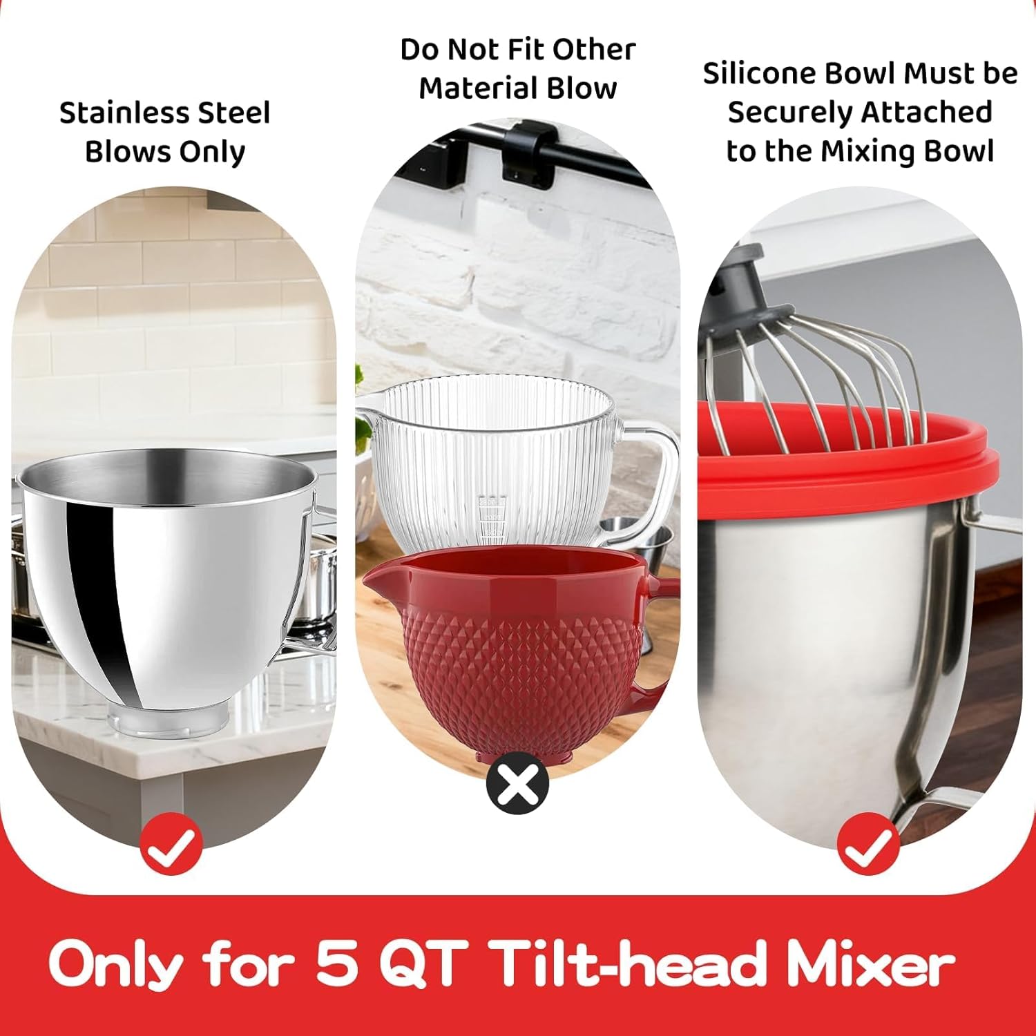 Silicone Liners for KitchenAid Tilt-Head 5 Qt Mixers, Mixer Bowl Accessories & Attachments for Baking and Cooking 3 Liners & 3 Lids, Dishwasher Safe (3, 5 QT)