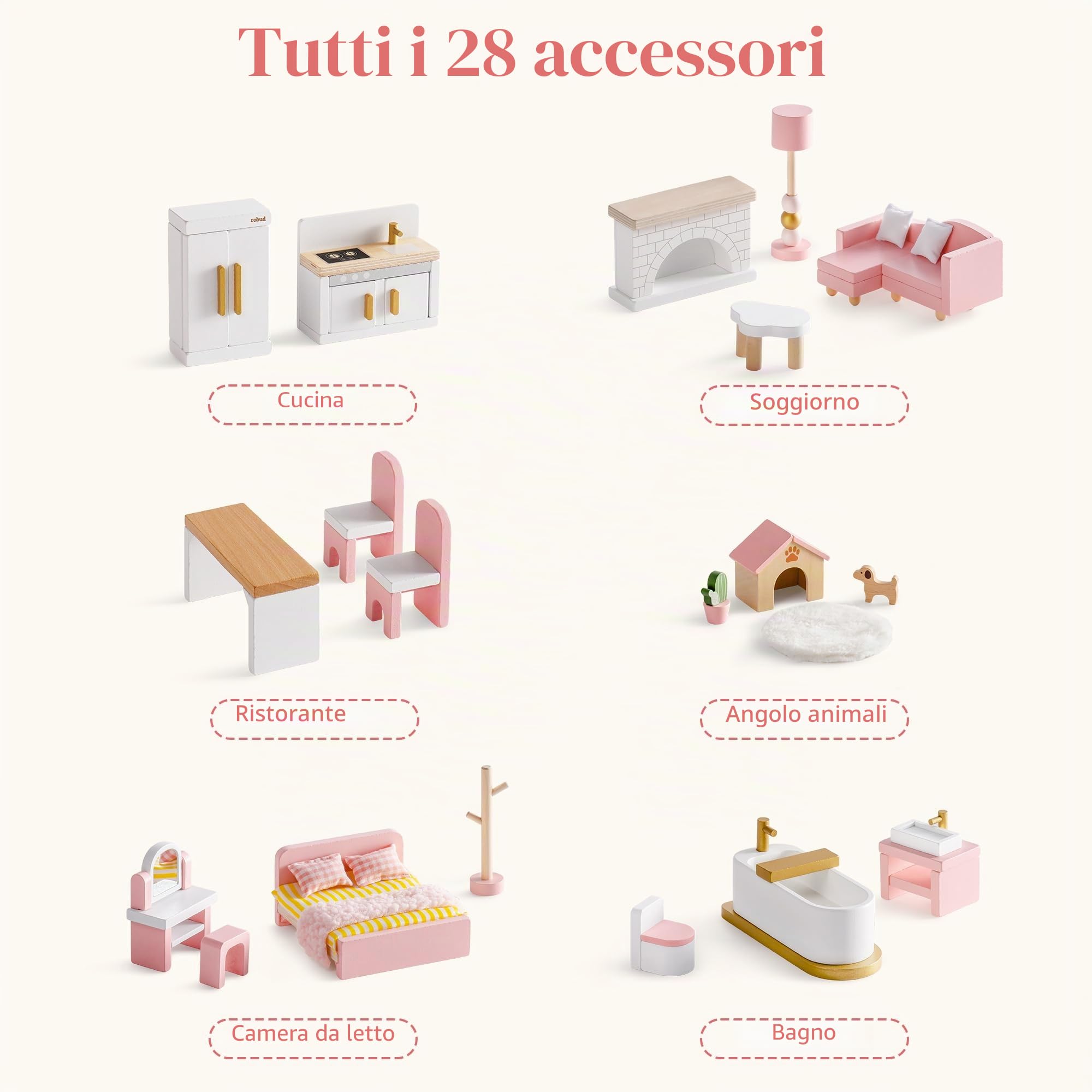 ROBUD Set di mobili per casa delle bambole in legno, 28 pezzi, accessori per mobili delle bambole, camera da letto, cucina, soggiorno, bagno, sala da pranzo, regalo rosa per bambini