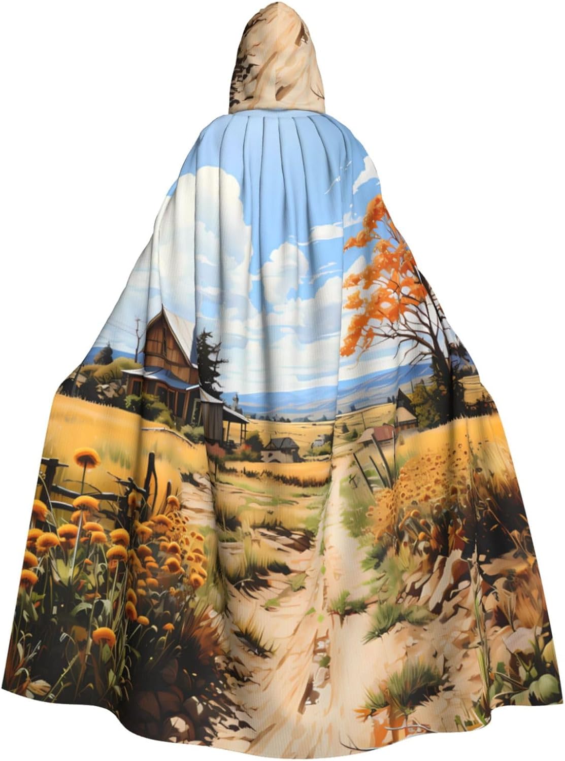 Unisex Full Length Hooded Halloween Christmas Party Robe Cloak Cape Cosplay Costume Men Women North American Farmscape Prints Black