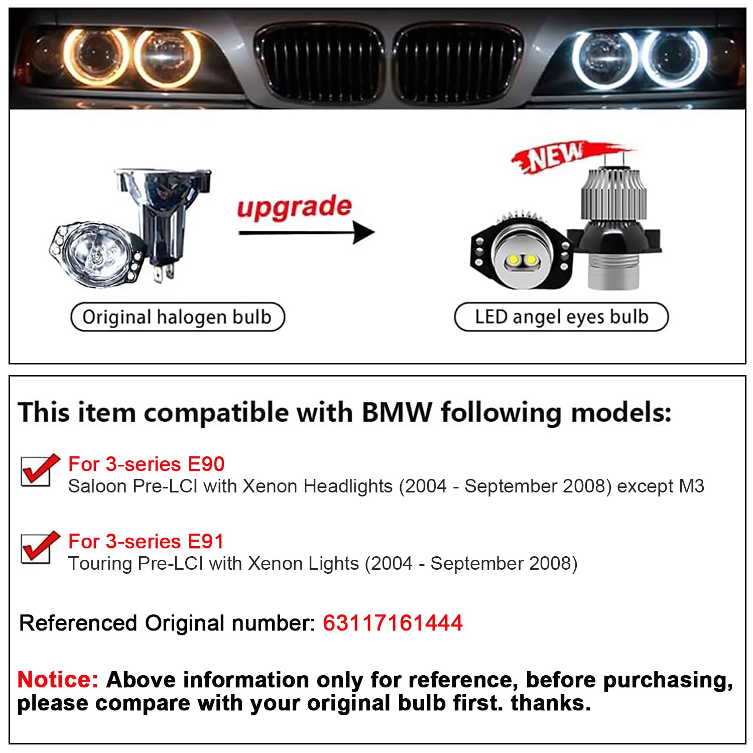 WinPower 12W LED Car Angel Eyes Zestaw do konwersji halogenów Brak błędu Reflektor CanBus Halo ring Żarówki Światła pozycyjne 6000K Xenon biały E90 / E91 Sedan Wagon, 2 sztuki