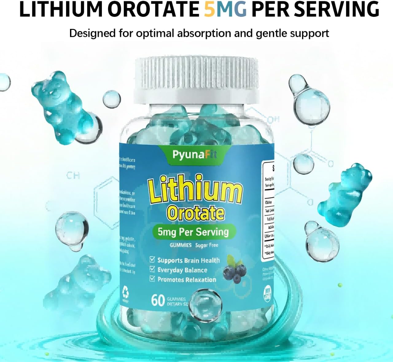 Lithium Orotate 5mg Gummies Sugar Free, Brain Health & Cognitive Function Supplement, Vegan, Blueberry Flavor, 60 Count - Image 3