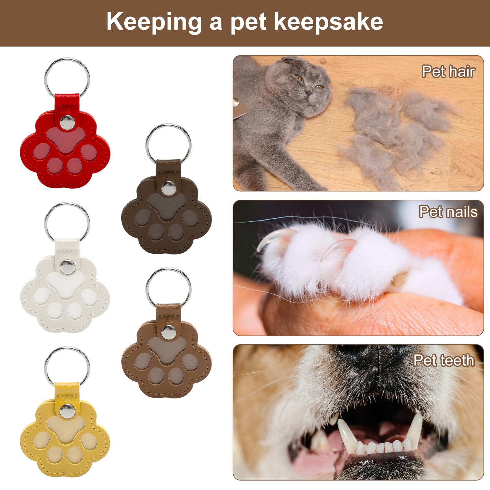 Duuclume Scatola dei ricordi personalizzata per cani, peli di animali domestici, portachiavi commemorativo per animali domestici, portachiavi in pelle a forma di zampa di cane e gatto (bianco e caffè