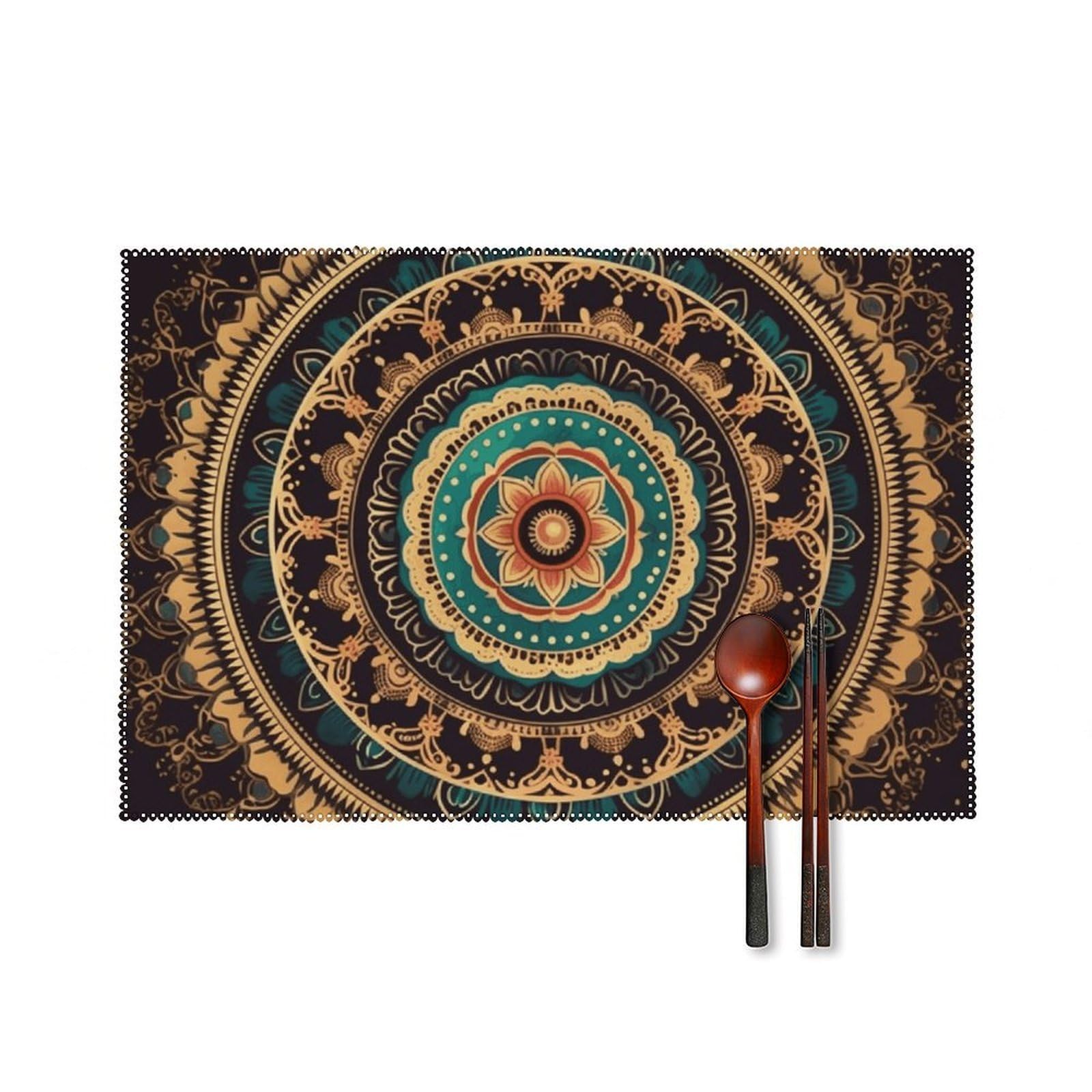 Mandala Placemats Set of 6, 12x18 Inch Heat Resistant Washable Canvas Table Mats, Stain Resistant Decorative Dining Placemats for Kitchen, Restaurant, Outdoor Party