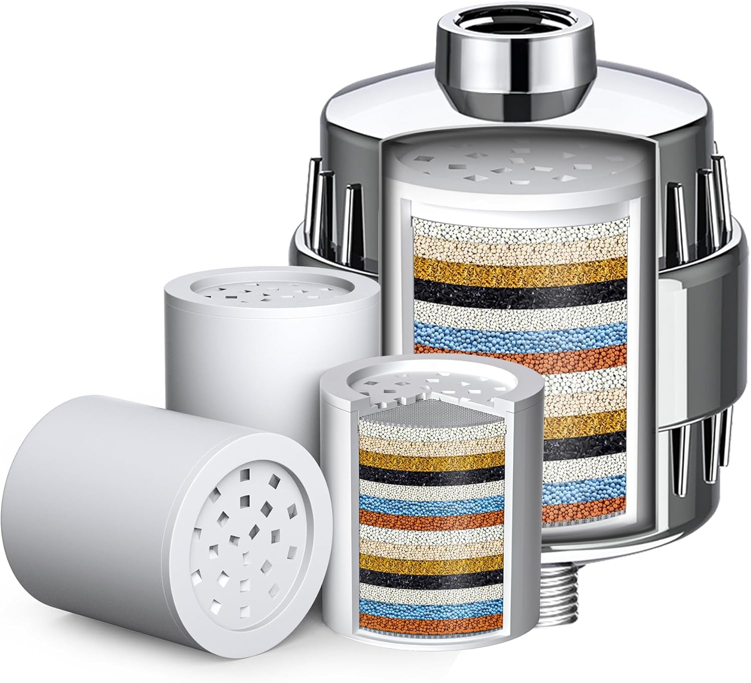 G-Promise 16 Stage Shower Filter and 3 Pack Replacement Cartridge, Reduces Chlorine and Fluoride, Improves Dry Skin, Universal With G1/2" Threads Design