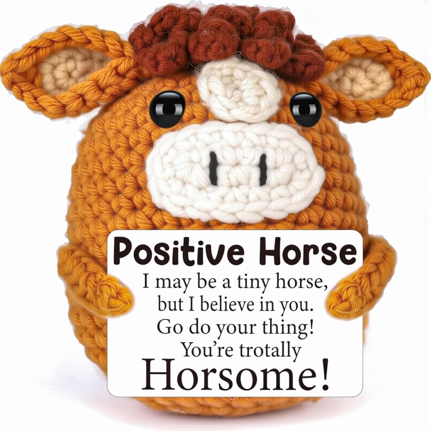 Oneser Positive Crochet Plush Toy, Emotional Support Animal, with Positive Messages for Adult Women Cute Pickle Desktop Decor Birthday Gifts (Brown Positive Horse)