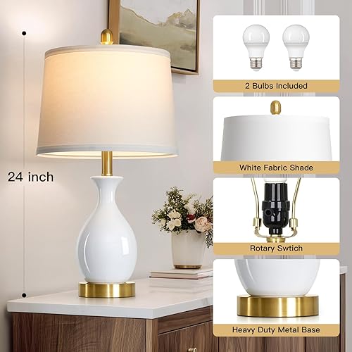 Miniatura 2 de Juego de 2 lámparas de mesa de cerámica blanca de 24 pulgadas para dormitorio, lámparas de noche clásicas modernas para mesita de noche, lámpara