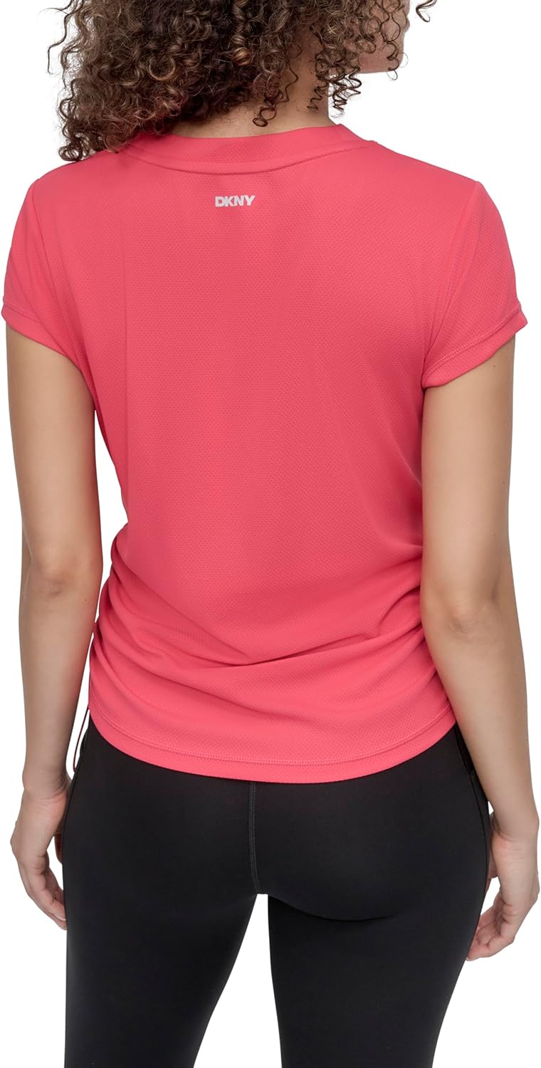 DKNY Womens Short Sleeve V-Neck Tech Ruched Side Seam Active T-Shirt - Image 4