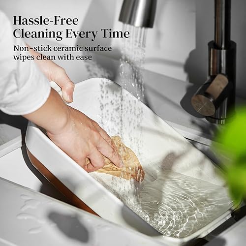 Miniatura 6 de DOWAN Plato de cerámica para hornear, bandeja para lasaña de 9 x 13 pulgadas, cacerola, bandeja para hornear extra profunda y grande con asas,