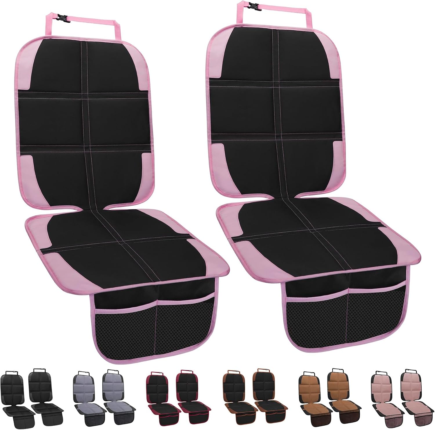 Child Car Seat Protector, 2 Pack with Mesh Pockets & Non-Slip Backing, 600D Durable (Pink, Standard) Standard Pink
