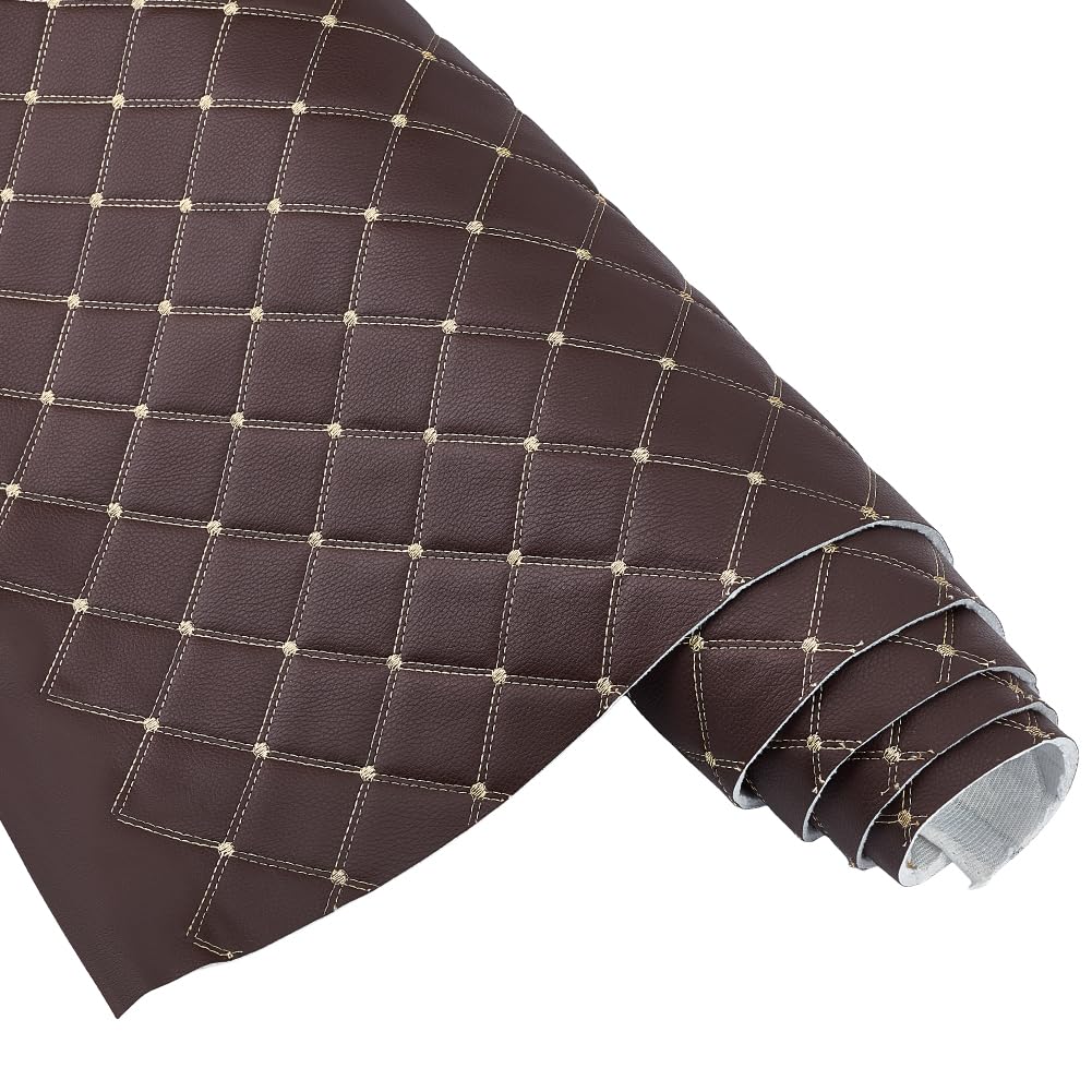 MAYJOYDIY Tela de espuma acolchada de piel sintética de 1,55 m con patrón de diamantes con puntada marrón para tapicería de muebles de interior de automóvil, color marrón