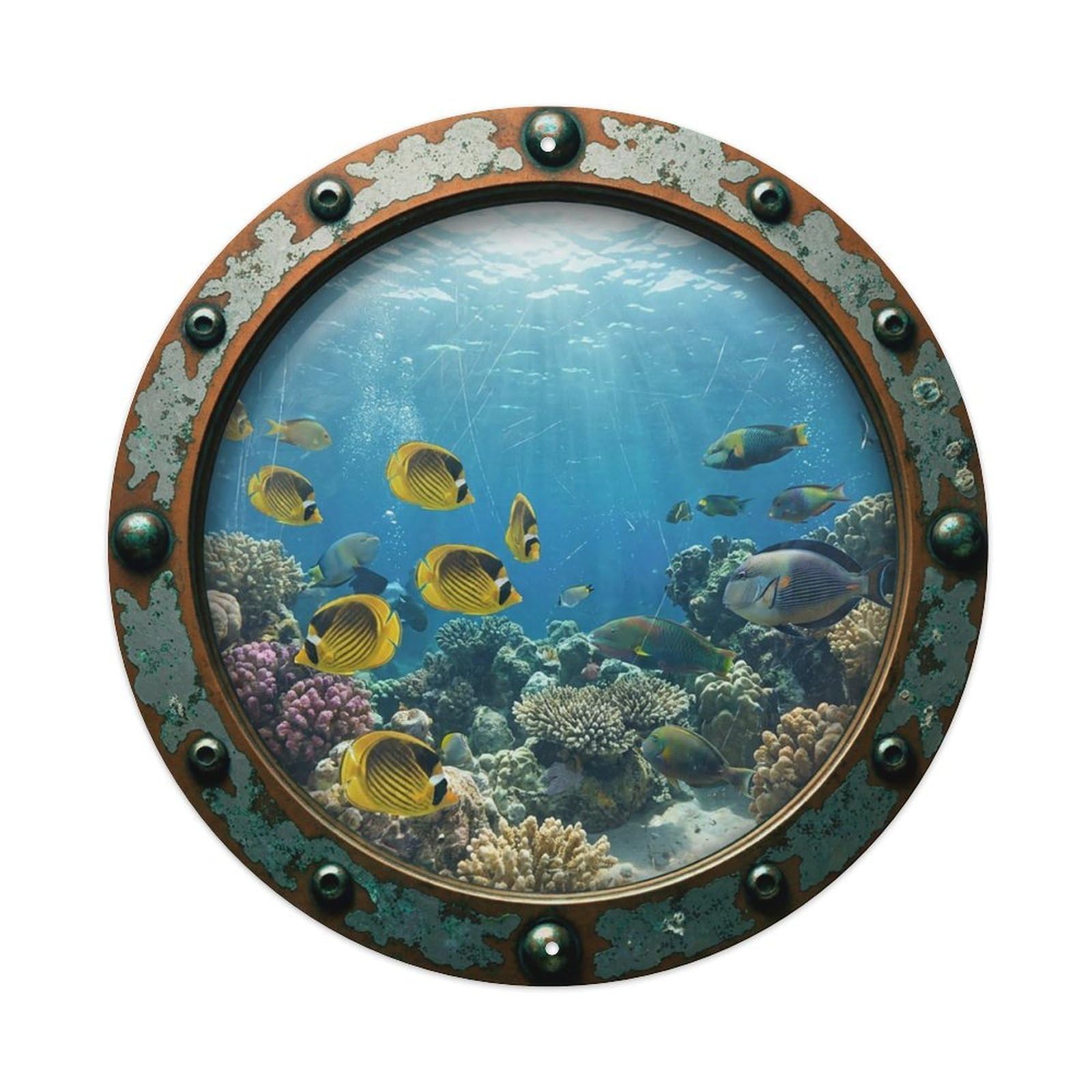 Gead 8X8inch Style Vintage Porthole Butterflyfish Nautical Window View Metal Tin Sign
