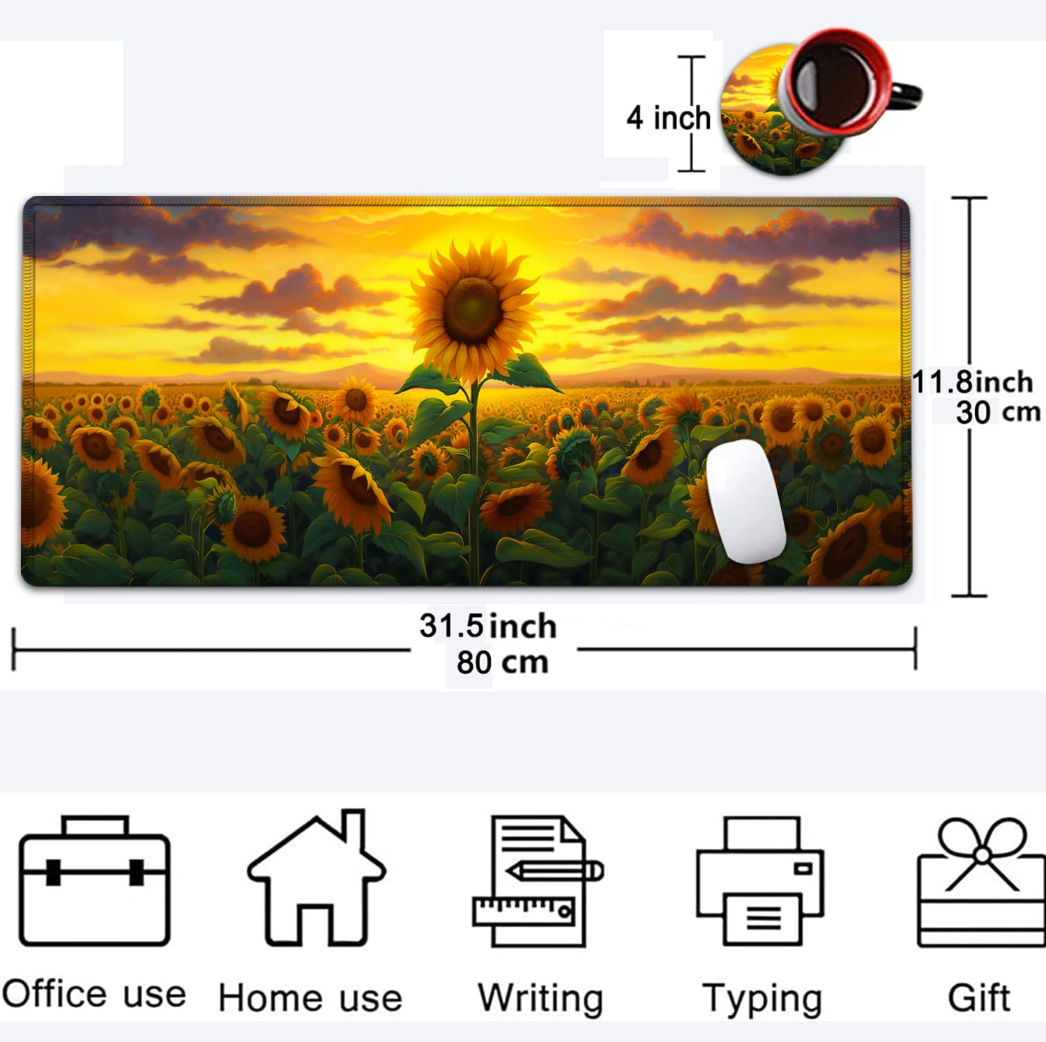 Large Mouse Pad, 31.5 X 11.8in Extended Gaming Mouse Pad With Stitched Edges, XXL Mousepad Protector Non Slip Rubber Base For Office And Home Writing Mat, Sunflower Field Pattern Desk Mat - View #9