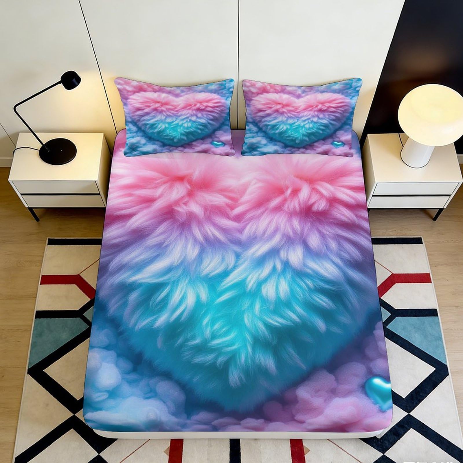 Pnayamiorkfel Style-5 3D Printed Pastel Heart Fitted Sheet Microfiber Anti-Slip Gradient Fluffy Cloud Mattress Cover For Bedroom Decor 90X200x25cm