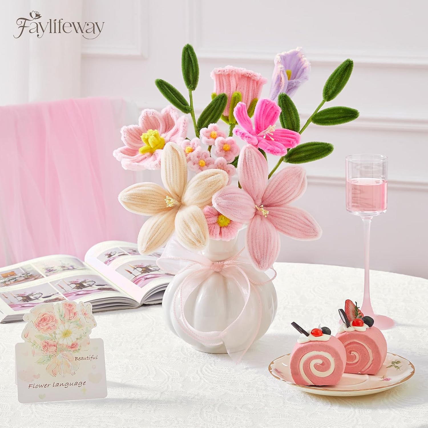 Crochet Flower Bouquet, Pink Pipe Cleaner Flowers,Handmade Knitted Flowers Gift for Women Valentine's Day,Mother's Day,Birthday, Anniversary(Include Card) - Image 8