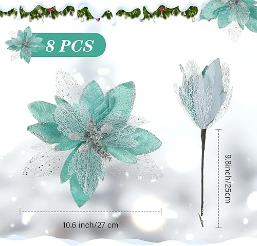 Miniatura 8 de Riceshoot Decoraciones de flores artificiales de Pascua de Año Nuevo, 8 piezas de 10.6 pulgadas de tela decorada con purpurina para árbol de Navidad
