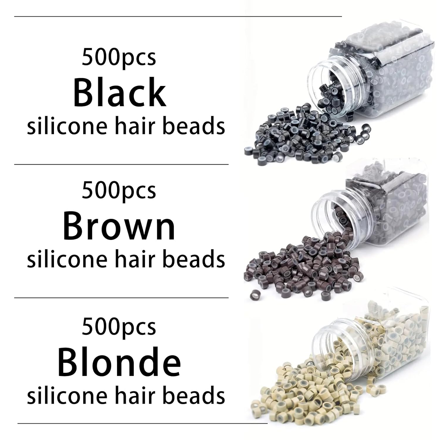1500Pcs Silicone Beads for Hair Extensions, 3Colors 5mm Silicone Lined Beads Microlink Rings Hair Extensions Tool (Brown-Black-Blonde) - Image 2