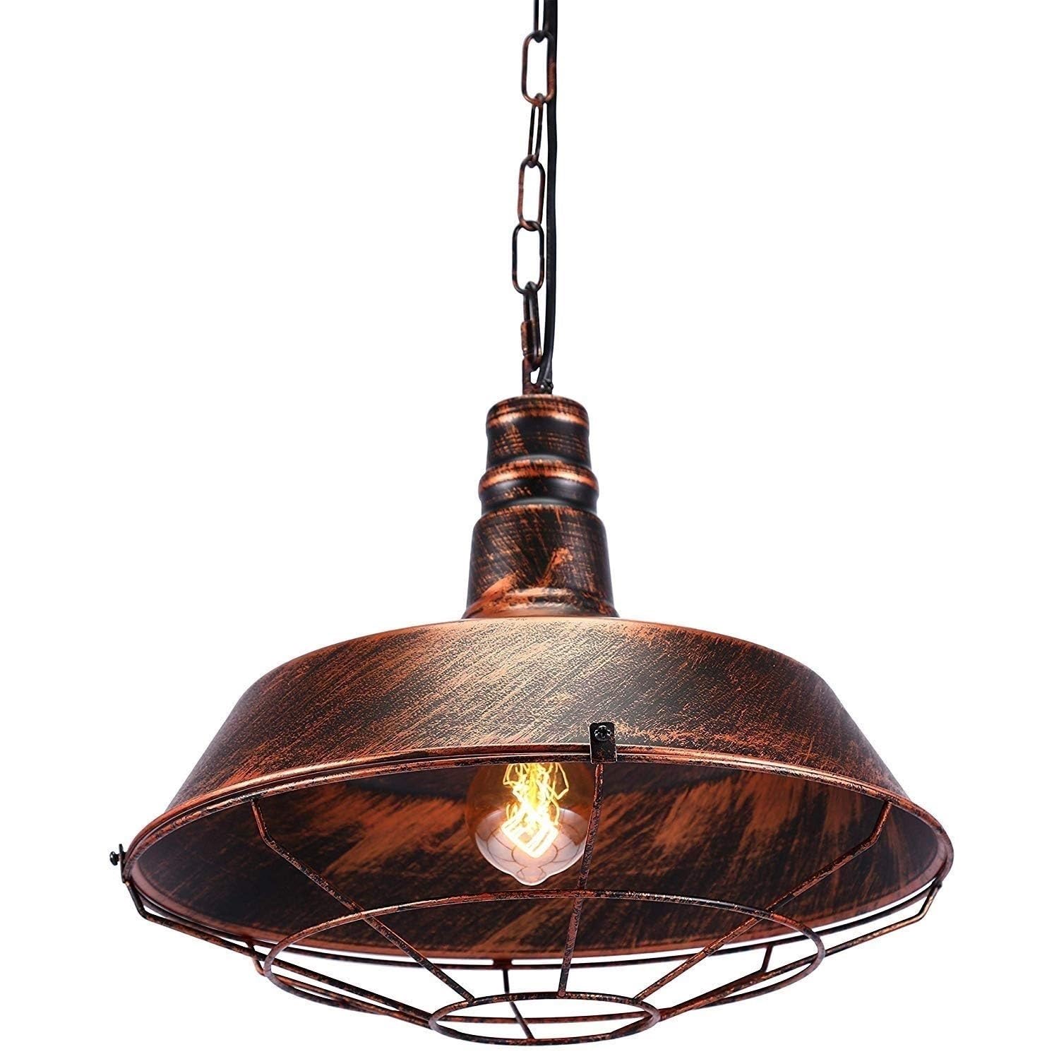 BLOOHK Industrial Bronze Pendant Light, Rustic Dome Hanging Fixture with Cage