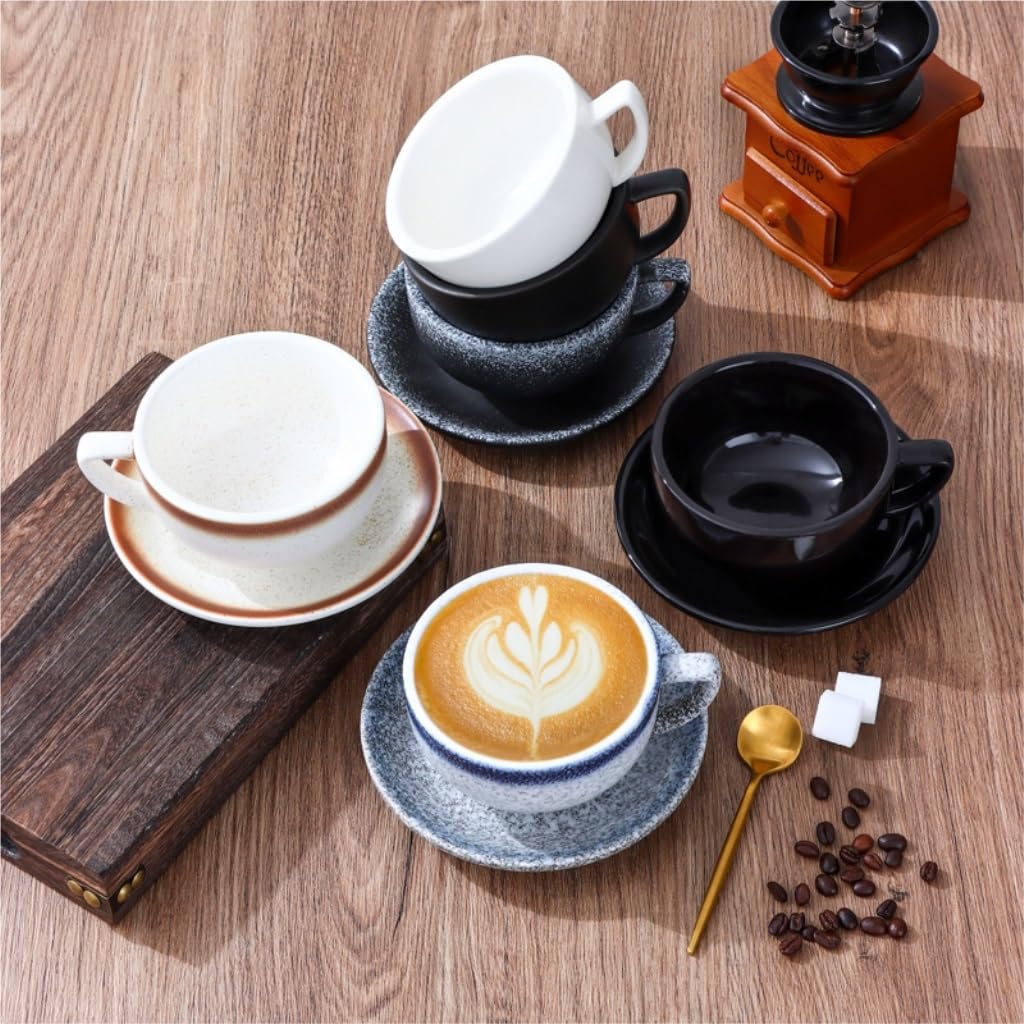 kubek ceramiczny, Kreatywny ceramiczny fantazyjny konkursowy duży otwór amerykański latte kubek tłoczony zestaw filiżanek do kawy i spodków(Blue)