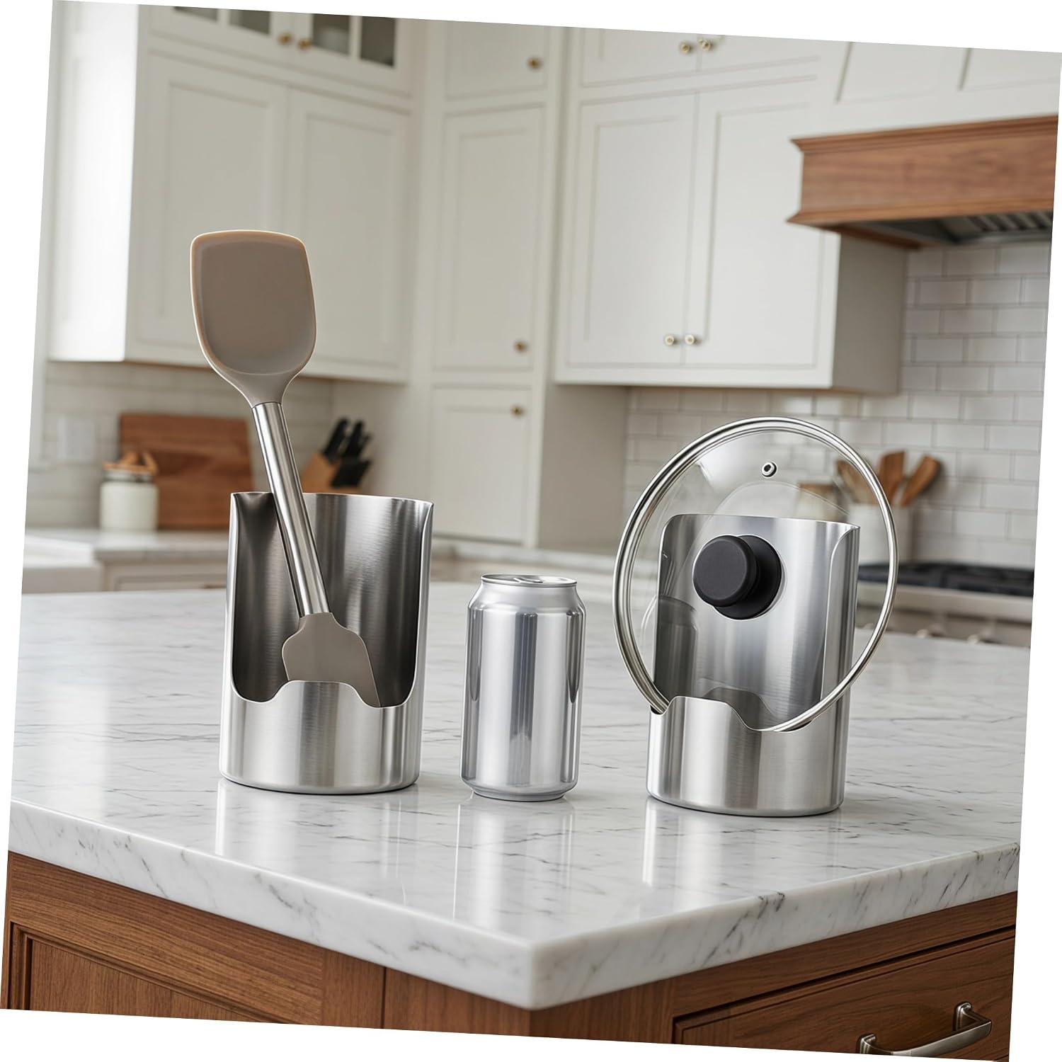 KICHOUSE 2pcs Stainless Steel Utensil Holder for Countertop, Vertical Pot Lid and Spoon Rack with Smooth Surface, Multipurpose Kitchen Organizer Compatible with Spoons and Cutting Boards,