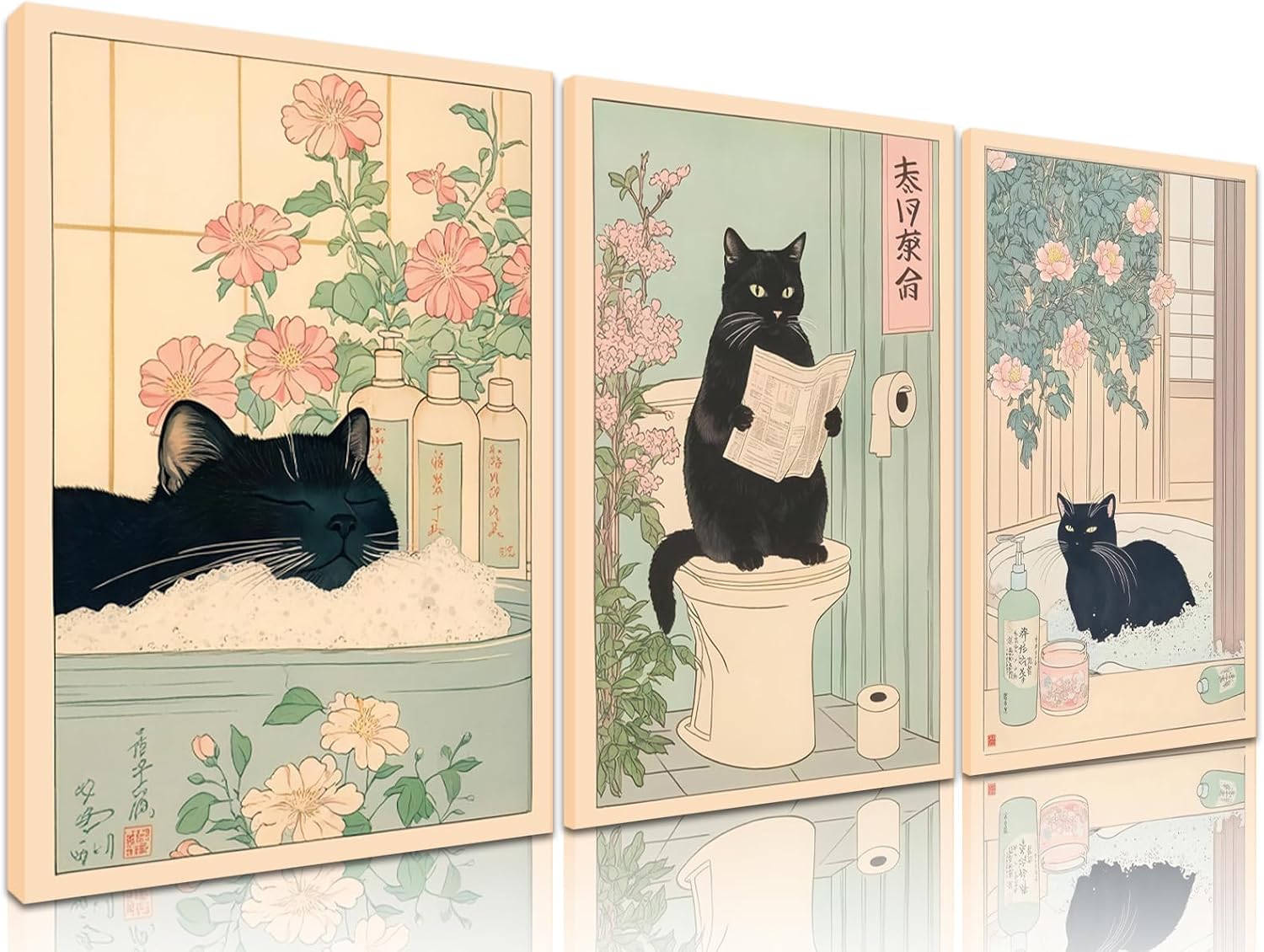 Funny Bathroom Canvas Wall Art Set of 3, Japanese Funny Black Cat Wall Decor Paintings Cute Bathroom Posters Prints Pictures for Bedroom Toilet Home Decor 12x16 Inch Framed