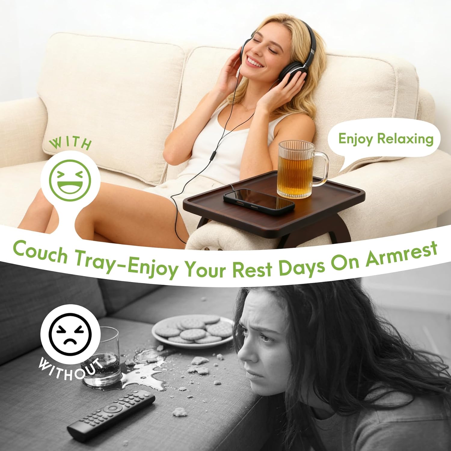 SINWANT Couch Arm Table,Bamboo Sofa Arm Clip on Tray Tables,Couch Armrest Table Suitable for Home Drinks/Eat/Fruit, Snack Chair Tray for Drink Eating