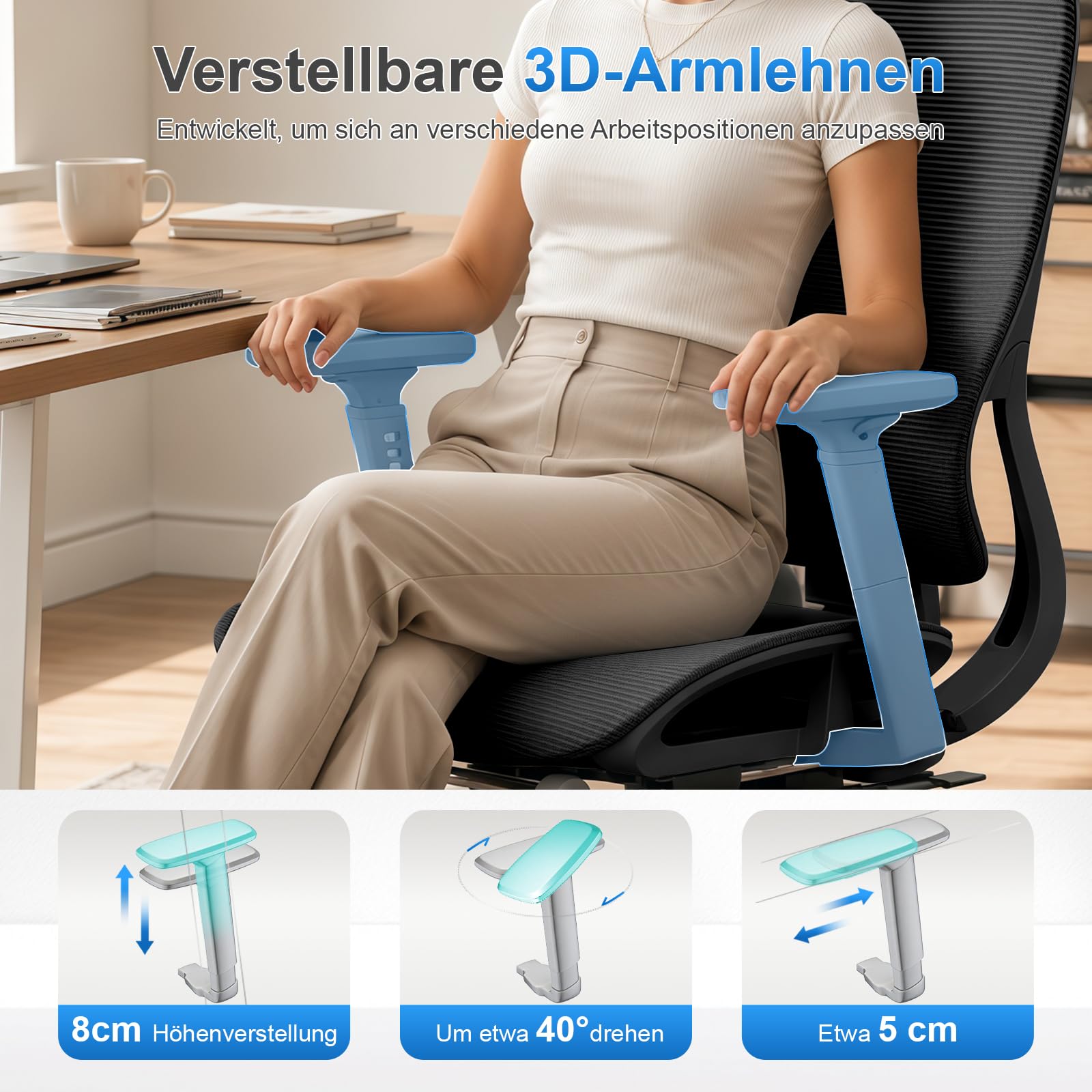 Ergonomischer Netz-Bürostuhl mit Verstellbarer Lendenstütze und Fußstütze, Schreibtischstuhl mit drehbaren Armlehnen und Kopfstütze, neigbarer Computerstuhl für Homeoffice und Gaming, Schwarz