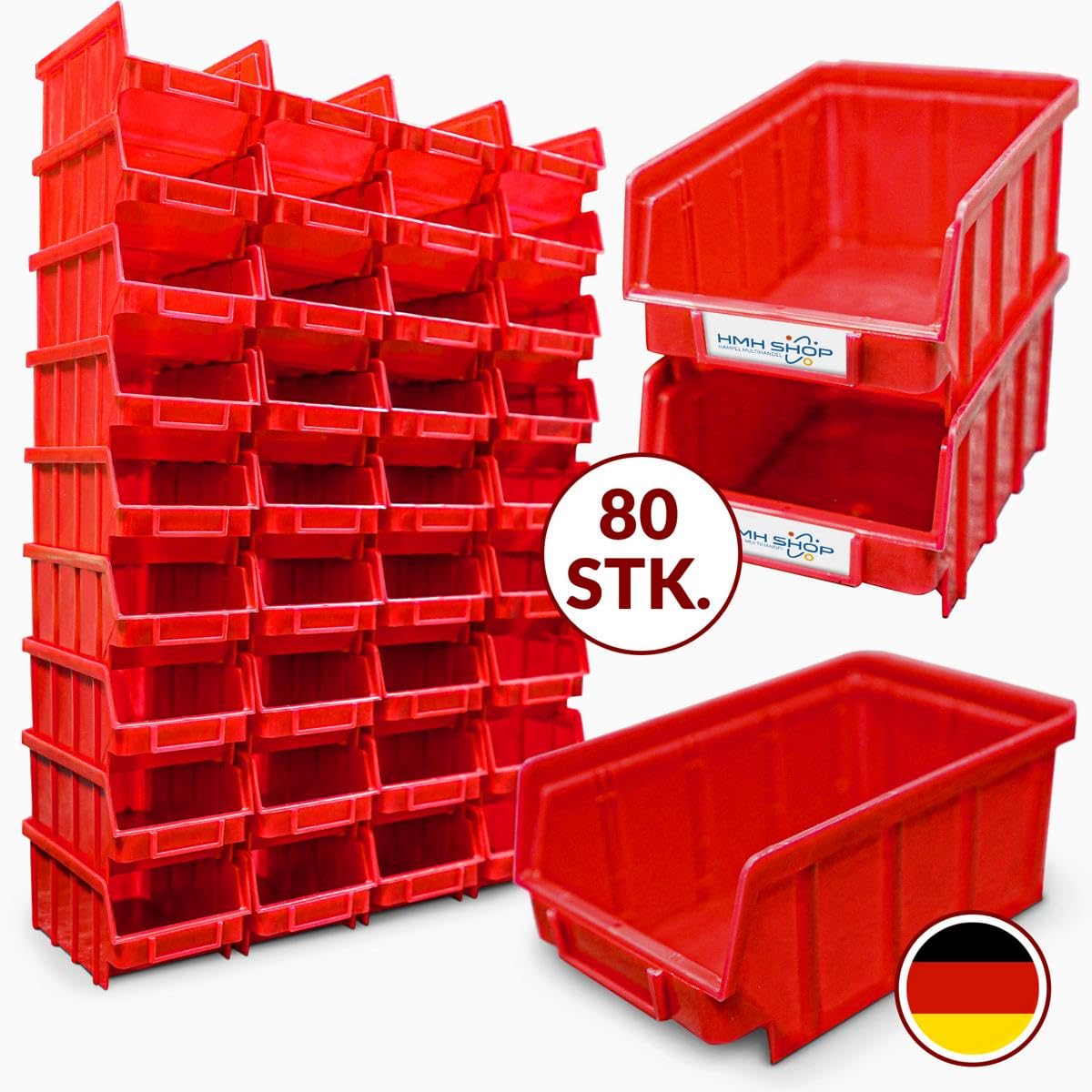 HMH 80x Stapelboxen Rot Größe 2 für Werkstatt Garage Sichtlagerboxen (LxBxH) 175x103x76mm Lagerboxen rote Sichtlagerkästen zur Kleinteile Aufbewahrung Stapelbox PP