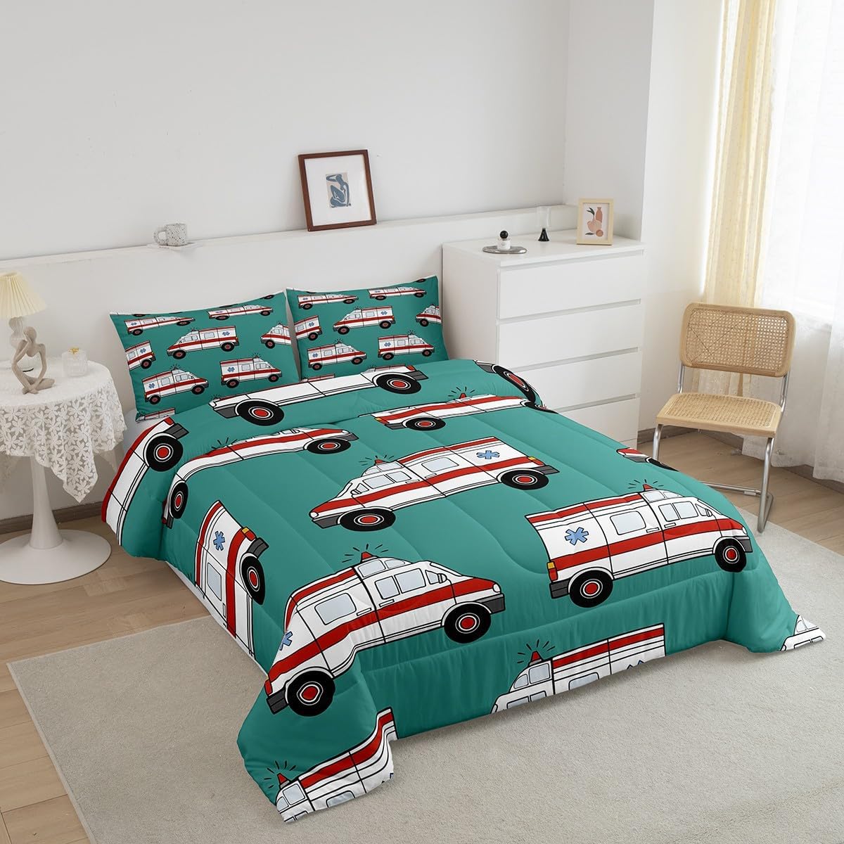 Feelyou Ambulance Bedding Set Kids Car Comforter Set Boys Girls Decor Cartoon Car Comforter Microfiber Emergency Responder Vehicles Green Duvet Set Bedroom Quilt Set Twin with 1 Pillow Case