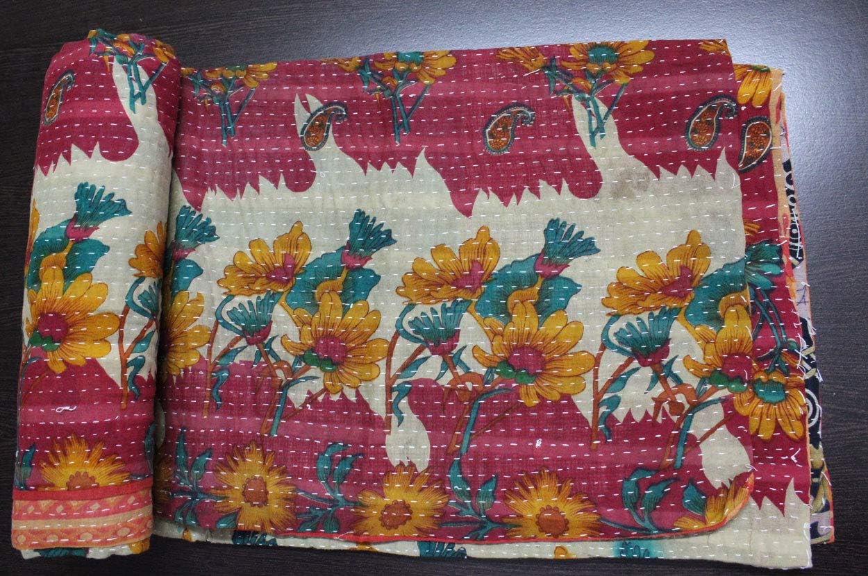 Mango Gifts Indian Sari Cotton Kantha Quilt Twin Bedspreads Throw Blanket