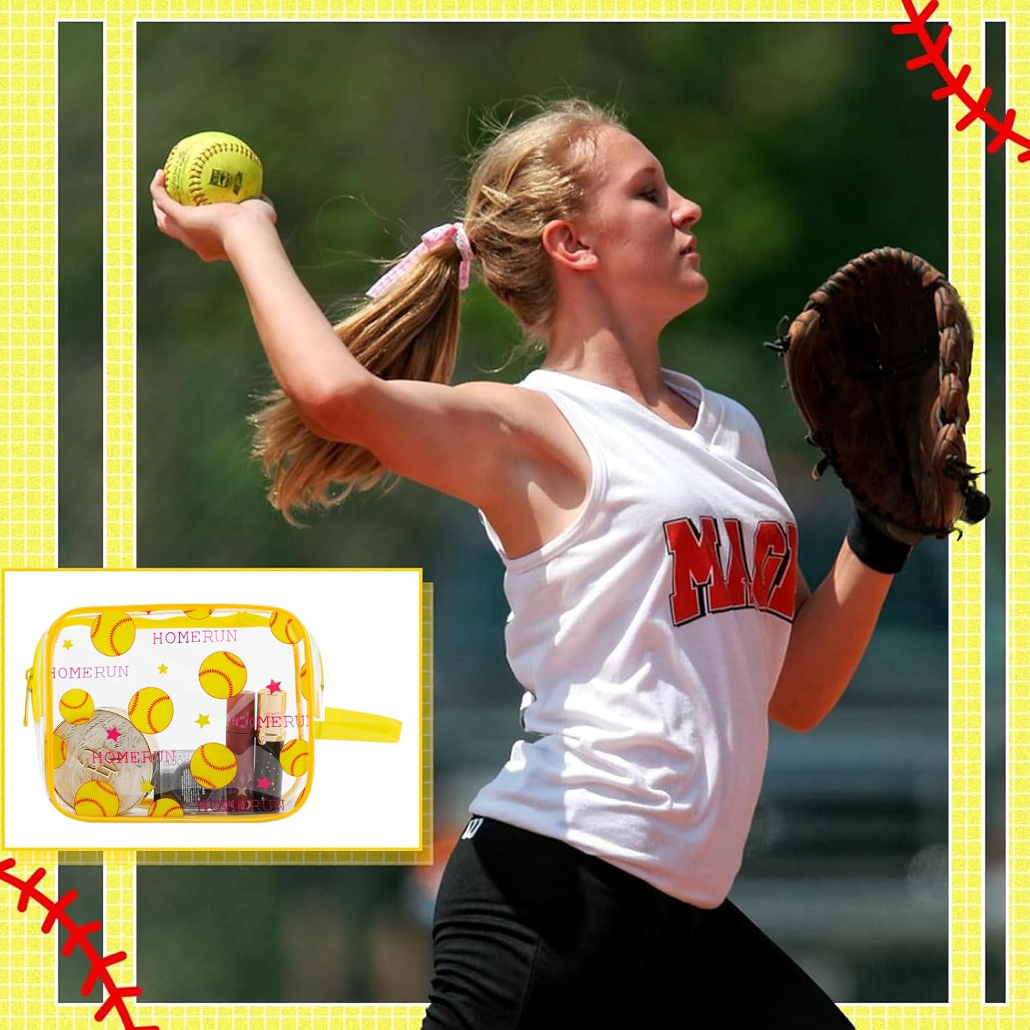 16PCS Softball Cosmetic Bag - Softball Gift Accessories Bags Goodie Snack Makeup Bag,Waterproof Softball Clear PVC Bag,Travel Toiletry Zipper Pouch Organizer,Softball Team Gifts for Girls Team Player - Image 7