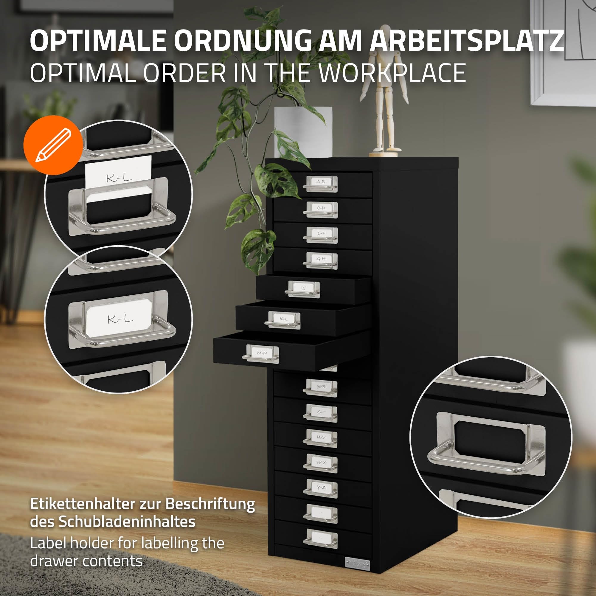 ML-Design Armadio per Archiviazione con 15 Cassetti 28x38x87 cm Nero Cassettiera in Metallo per DIN A4 Schedario per Ufficio con Portaetichette Armadietto in Acciaio Portautensili Portaoggetti