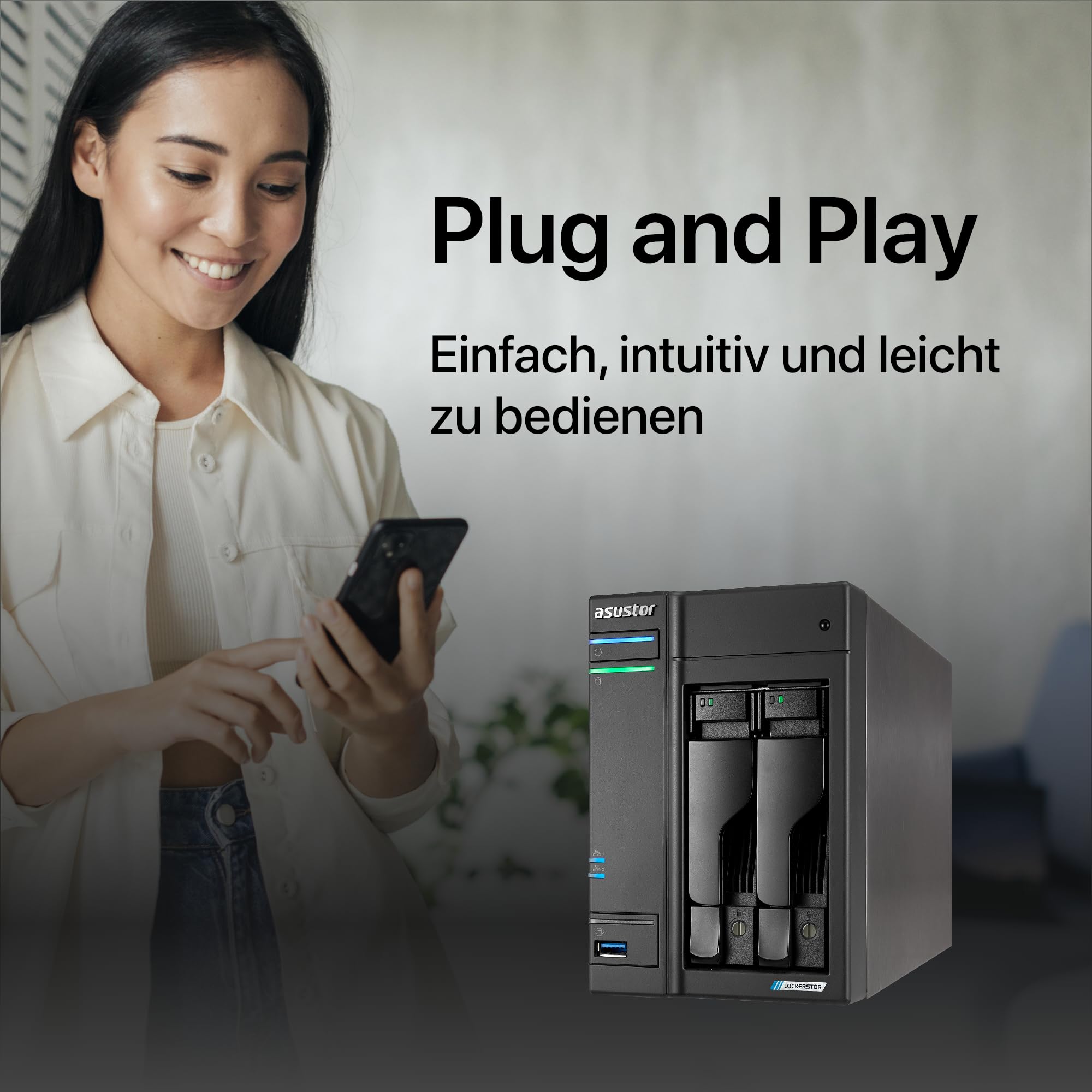 Asustor Lockerstor 2 Gen 2 AS6702T | 2 Bay NAS - Netzwerkspeicher Gehäuse, Quad Core 2.0GHz CPU, 4 M.2 PCIe 3.0 ssd Slot, 2 2.5GbE Port, 4GB RAM DDR4