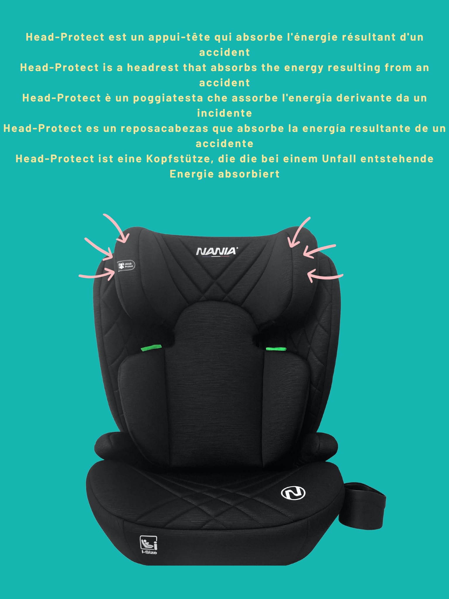 Silla de auto NANIA Sienna talla I 100-150 cm-Grupo 2/3- aprox. 4-12 años - Asiento elevador con protección lateral - Reposacabezas ajustable - Portavasos