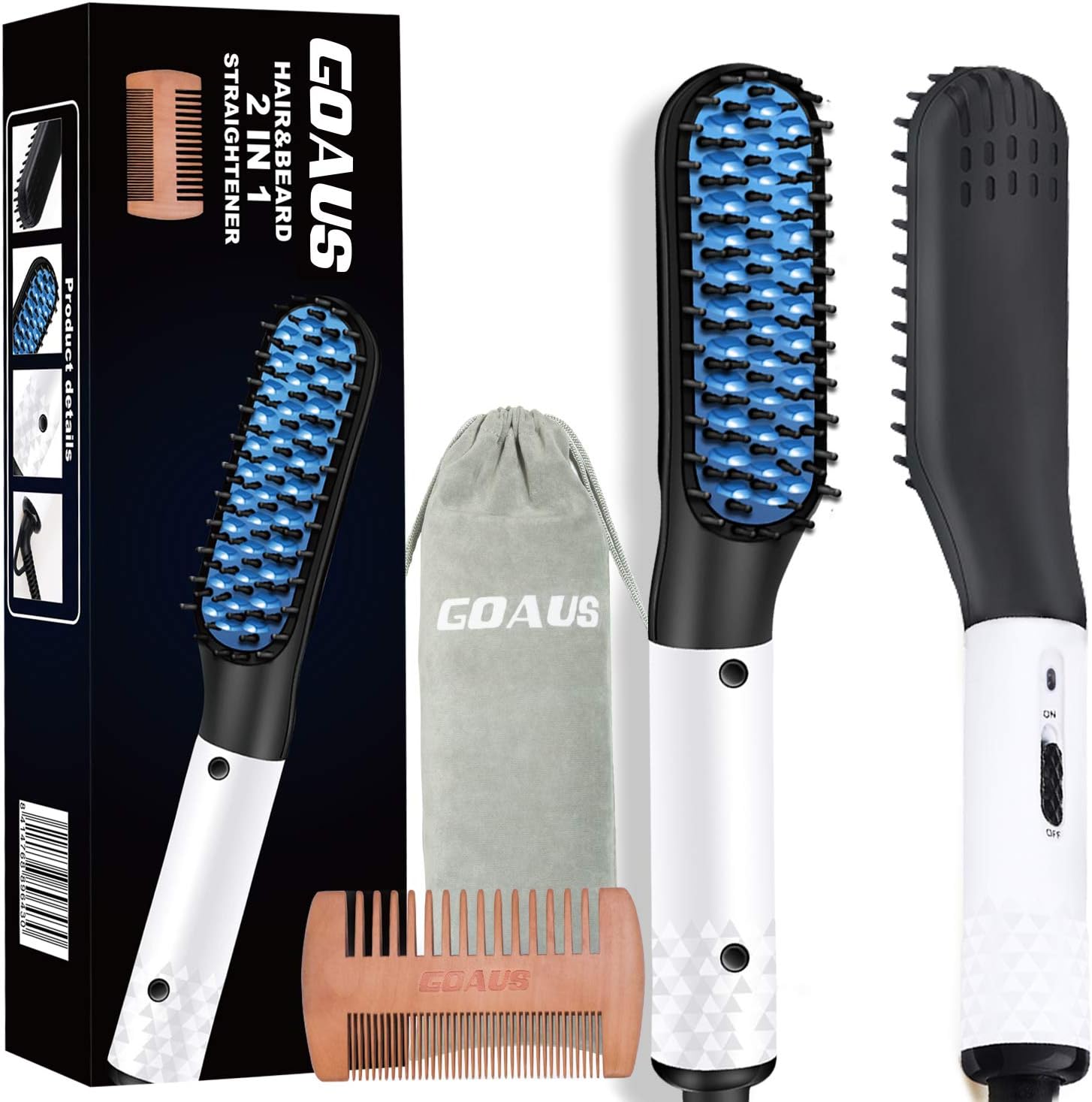 Goaus Beard Straightener for Men, Portable 2 in 1 Beard Straightening Comb and Hair Straightening Brush,Wooden Beard Comb&Case Included,Perfect Men Gifts