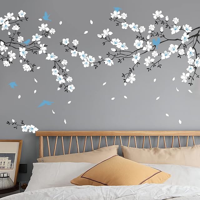 Tanlaby Blue White Flower Wall Stickers Cherry Blossom Wall Decal Birds on Tree Branch Wall Art Sticker for Bedroom Living Room Office Study Room TV Sofa Wall Decor Home Decoration