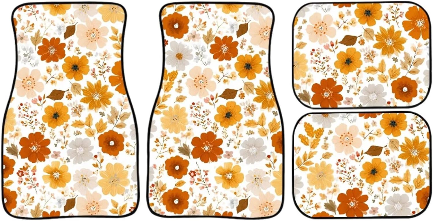 Hippie Flower Print Front Rear 4 Piece Set Vehicle Decor Mat Non-Slip Car Interior Rugs with Non Slip Rubber Backing Washable Automotive Interior Mat