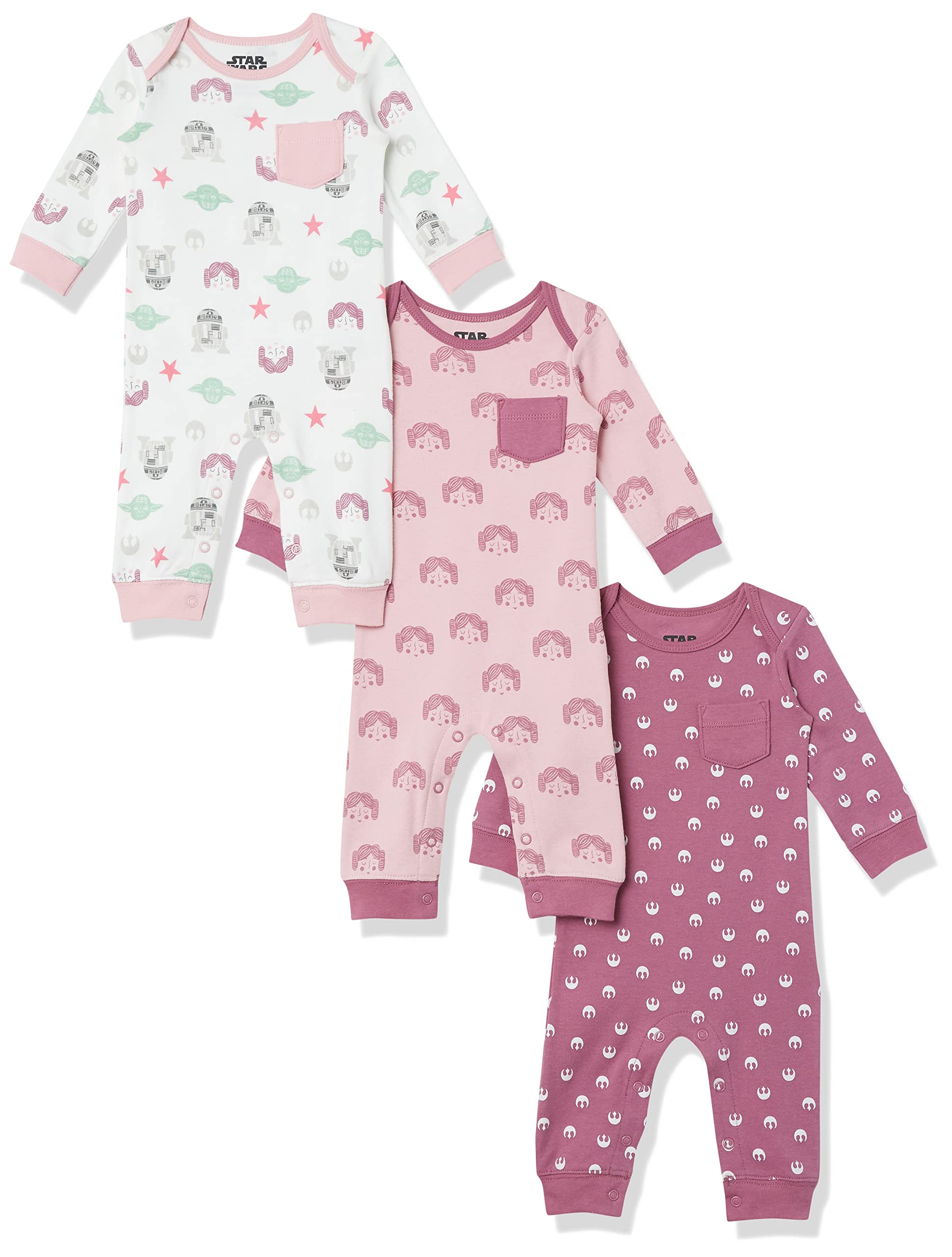 Amazon EssentialsDisney | Star Wars | Princess Baby Girls' Cotton Coveralls, Pack of 3