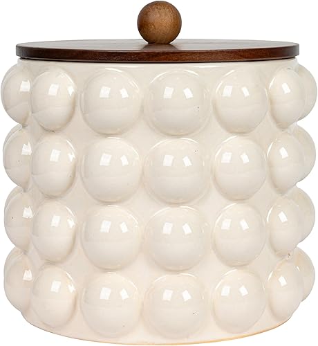 Miniatura 5 de Creative Co-Op 8.25 Inches Round Stoneware Raised Dots and Acacia Wood Lid, White and Natural Canister