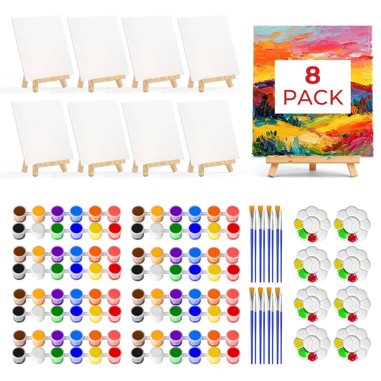 Photo 1 of Nicpro 8 Pack 8×10 Inch Canvas Boards Kits for Painting, Art Canvas Set with 16 Brushes, 8 Paint Trays, 8 × 12 Acrylic Paint, Mini Drawing Easel Set, Sip and Paint Kit for Adults Party