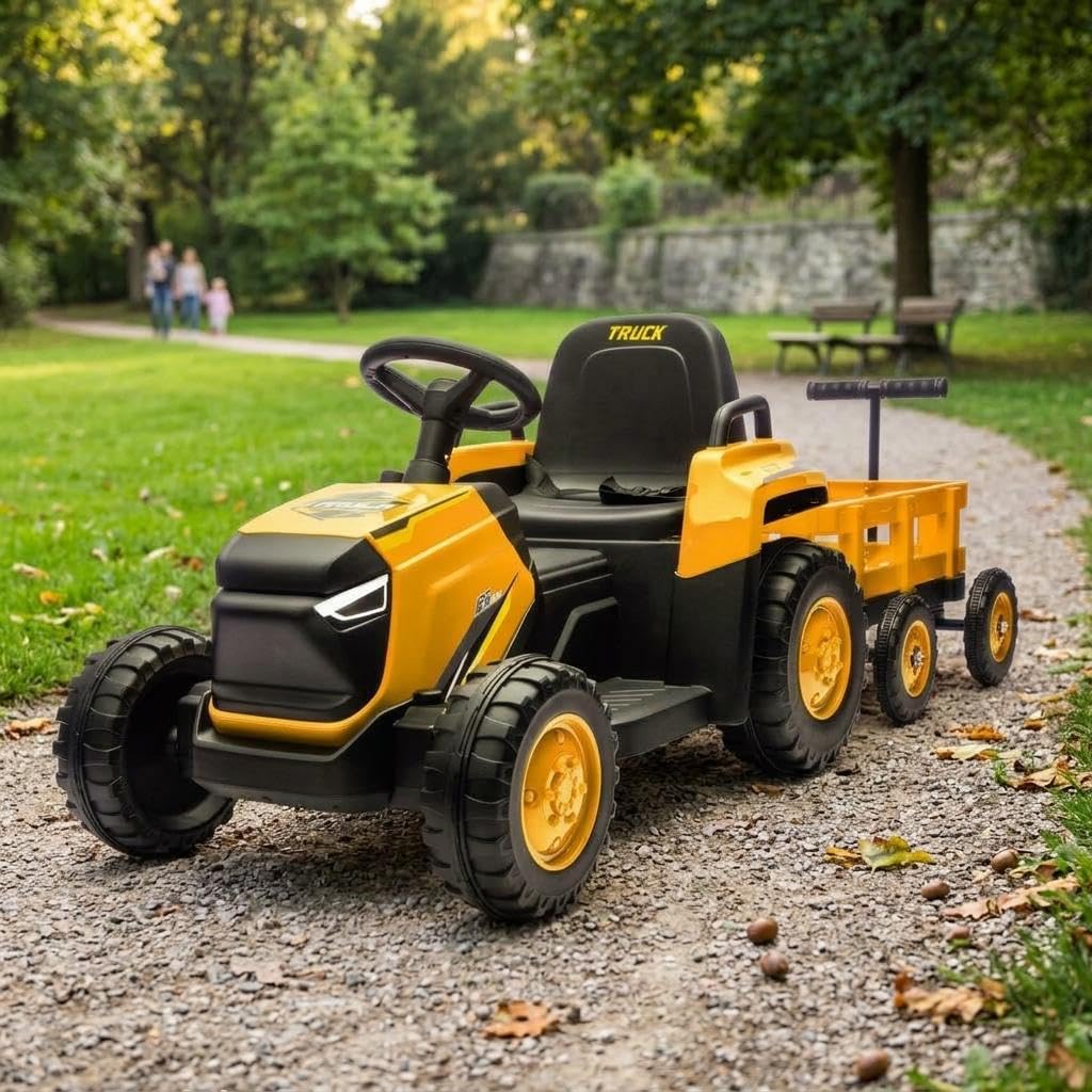 Trattore elettrico per bambini 12 V, veicolo elettrico per bambini con luce LED, giocattolo trattore elettrico a 8 ruote con telecomando, musica e clacson per bambini da 3 anni+, giallo