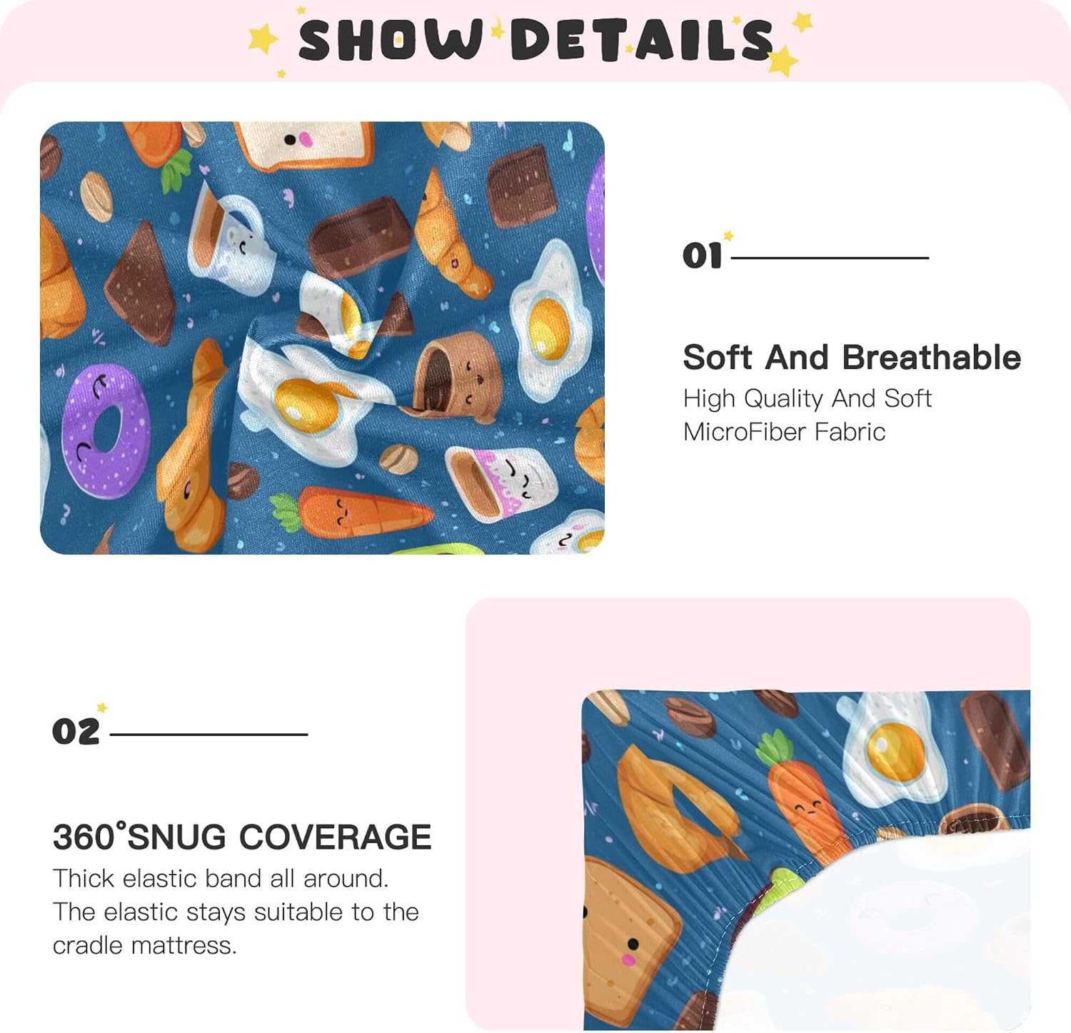 Cute Cartoon Breakfast Food Crib Sheets Soft Breathable Fitted Baby Crib Sheets Mattress Cover for Girls Boys, 52" x 28" x 9"