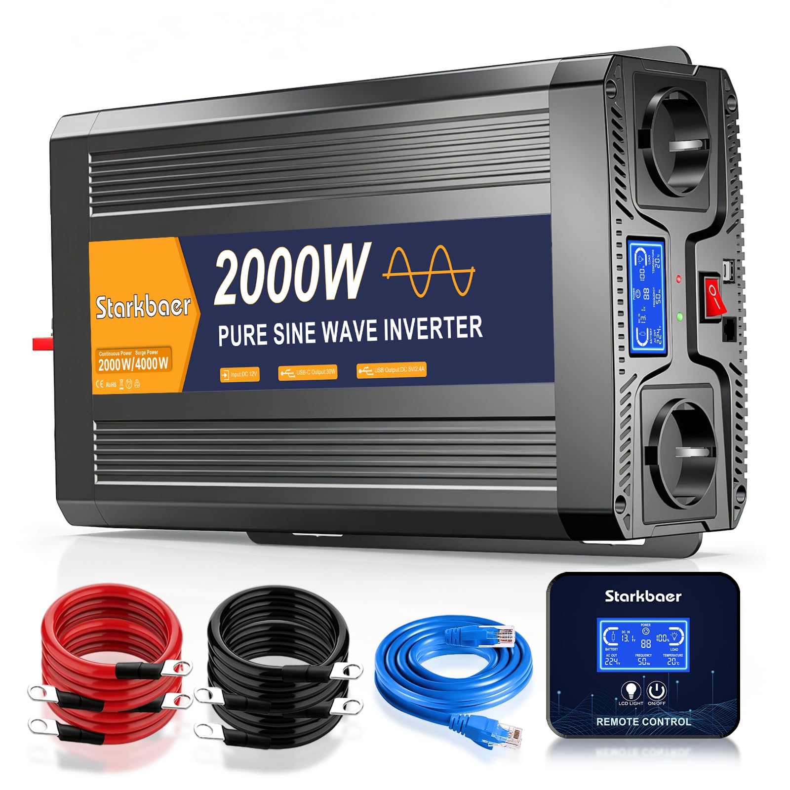 2000W/4000W Inverter 12V 220V Onda Pura, Trasformatore 220V 12V, Convertitore per Auto, Con schermo LCD, telecomando, presa CA e USB-C. Per camper, auto, solare, campeggio e blackout [Classe A+]