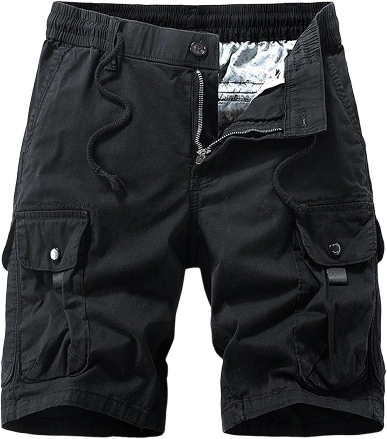 Men Retro Drawstring Solid Cargo Shorts Summer Relaxed Fit Work Shorts | Drawstring Closure, Multi-Pocket Design, Zip Fly, Casual Outdoor Wear, Button Flap Pockets