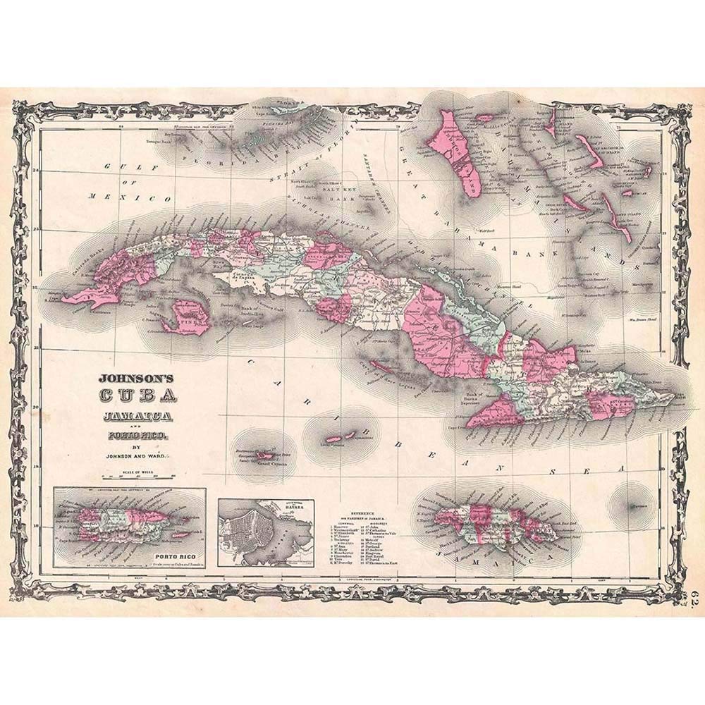 Wee Blue Coo 1862 Johnson Map Cuba And Porto Rico Vintage Art Print Poster Wall Decor 12X16 Inch