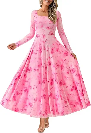 BTFBM Women Maxi Dress Fall 2025 Fashion Elegant Long Sleeve Square Neck Floral Print Party Club Wedding Guest Dresses