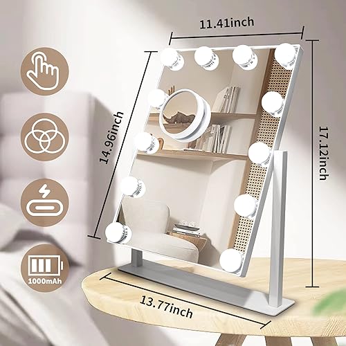 Miniatura 7 de Espejo de tocador con luces, 12 bombillas LED regulables, espejo Hollywood desmontable, 10 aumentos, control táctil, espejo de maquillaje recargable