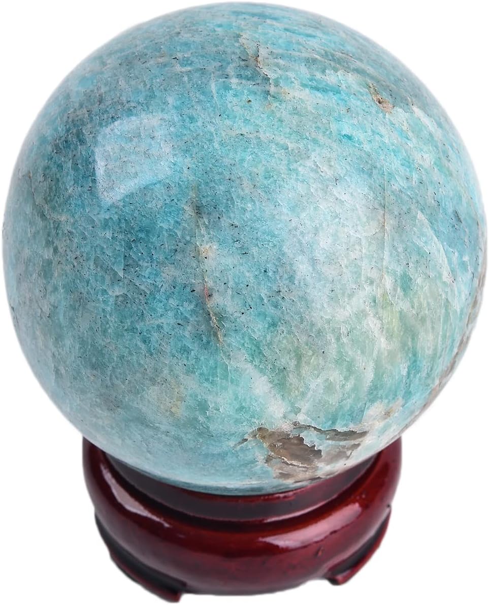JIC Gem Natural Amazonite Crystal Sphere with Wood Stand Gemstone Sphere,Polished Healing Energy Mineral Gemstone Balls for Reiki Chakra Decoration Fengshui (60-70mm)