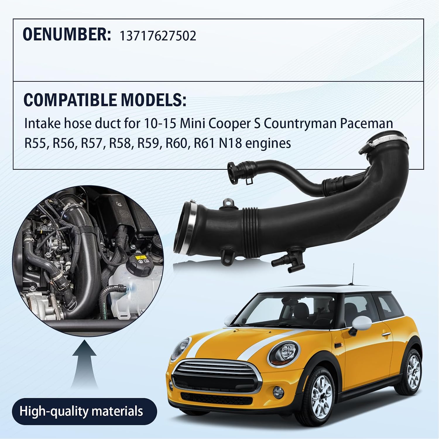13717627502 7627502 Air Intake Hose Duct Pipe Compatible with Mini Cooper S 2010-2015 Mini Cooper S Countryman Paceman R55 R56 R57 R58 R59 R60 R61 N18 1.6L Engine OEM 13717599226
