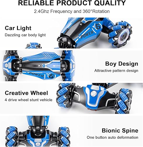 Miniatura 6 de Auto de acrobacias a control remoto, 2.4 GHz, 4WD, sensor de gestos, auto de juguete con control remoto de mano con luz giratoria de 360 y música,